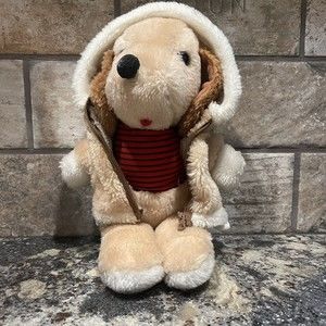 1983 Interpur Plush Toy Brown PUPPY DOG Striped Red Shirt Jacket